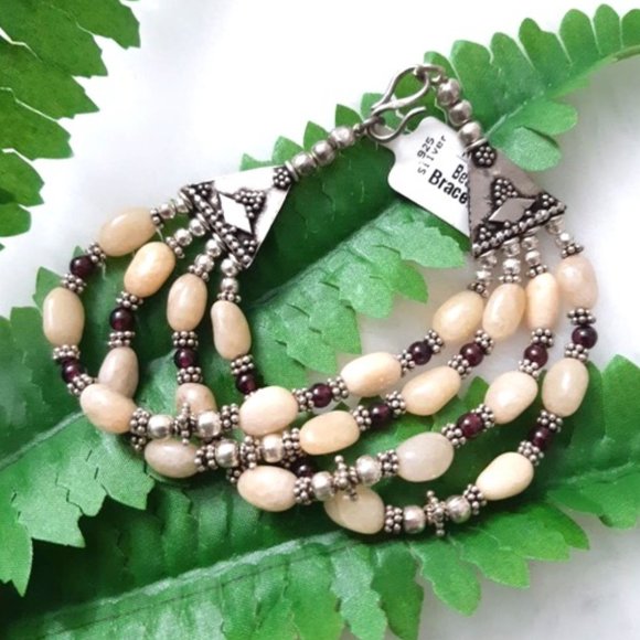 Bracelet Natural (br6) Gemstones Cream Aventurine Garnet 925 Silver 4-strand - Picture 1 of 10